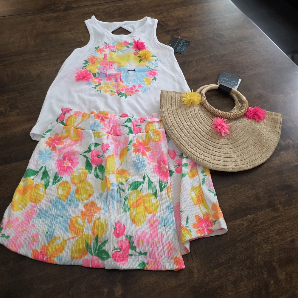 NWT Cynthia Rowley 3 Piece Girls M 7/8 Floral Tank Skort Wicker Purse Set